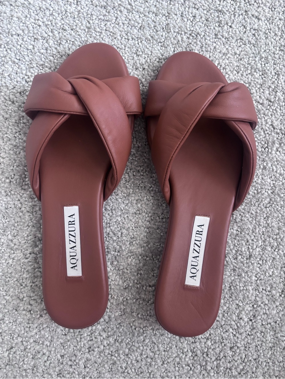 Aquazzura Rust Brown Knotted Leather Slide Sandals